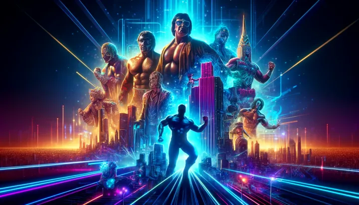 classic wrestling icons are depicted as heroes in a neon-soaked, cybernetic world